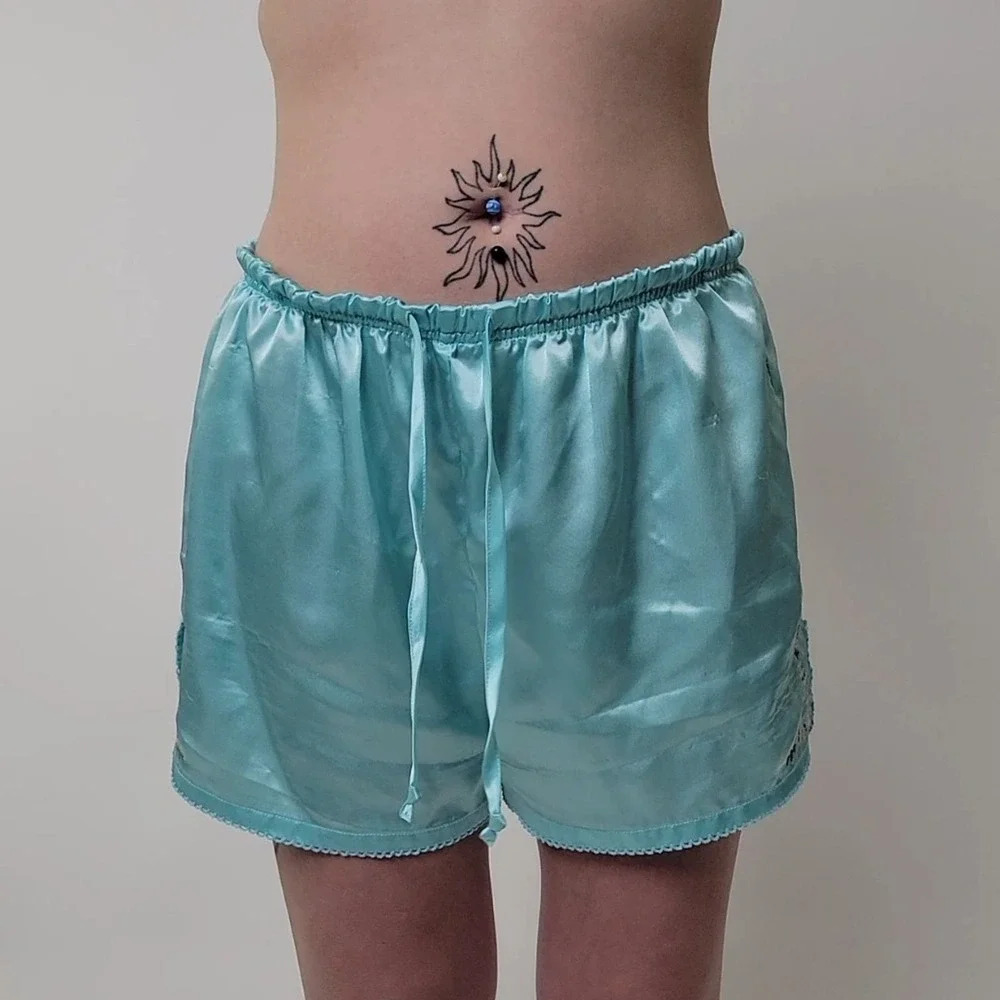 Baby Blue Silky Embroidered Pajama Shorts M